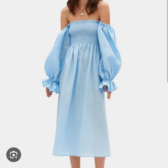 Sleeper 100% linen smocked atlanta dress with puff sleeves, sz s - Picture 10 of 11